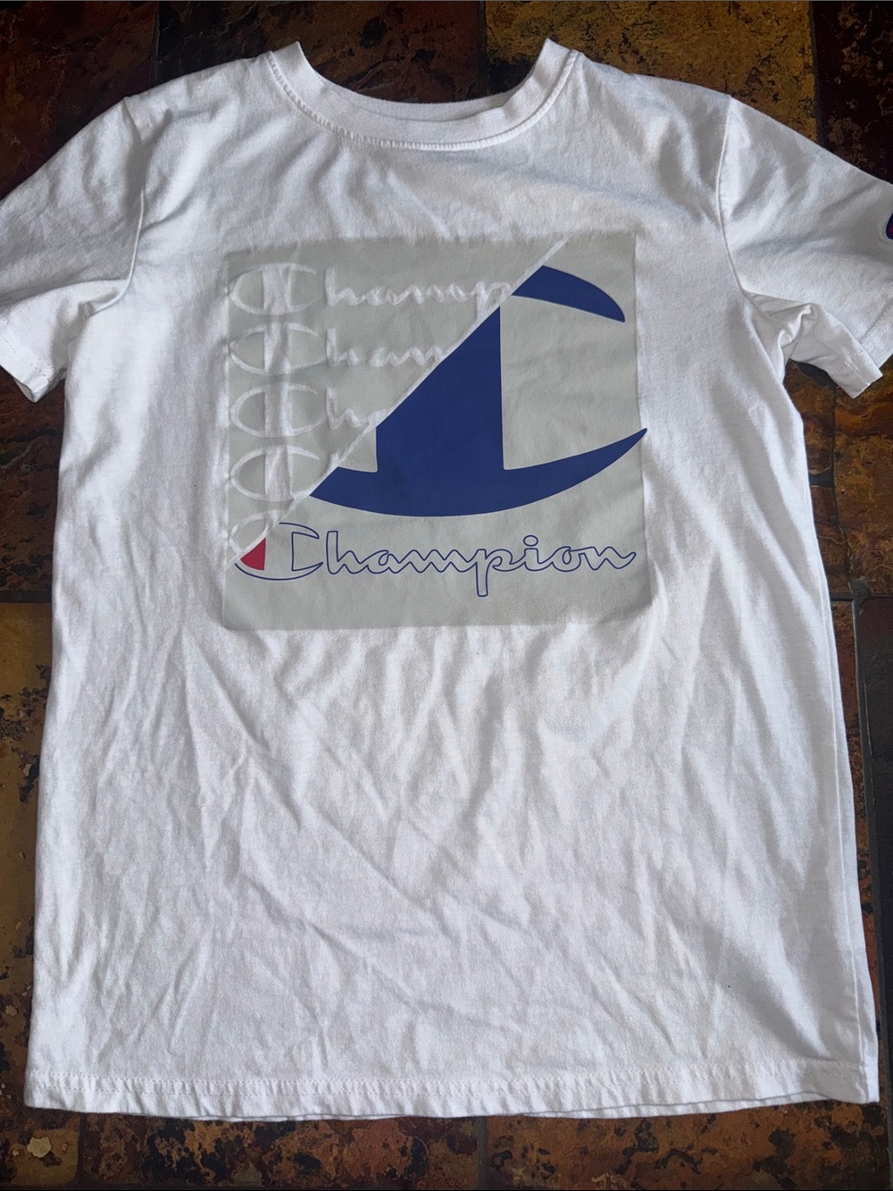 Champion White Short Sleeve Tee with Blue Logo Accent (1160)